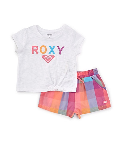 Roxy Baby Girls 12-24 Months Cap-Sleeve Logo Graphic Slub-Jersey T-Shirt & Checked Woven Shorts Set