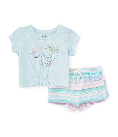 Roxy Baby Girls 12-24 Months Short-Sleeve Heart-Shaped-Graphic Slub-Jersey T-Shirt & Striped Loop French Terry Shorts Set