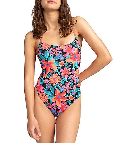 Roxy Beach Classic Floral Scoop Neck Criss Cross Back One Piece Swimsuit