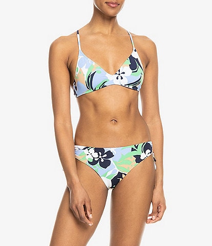 Roxy Beach Classics Ribbed Floral Print Strappy Triangle Swim Top & Ruched Back Hipster Swim Bottom