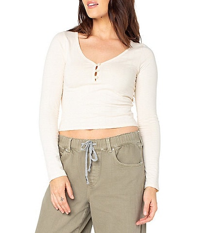 Roxy Cuddle Up Long Sleeve Button-Front Cropped T-Shirt