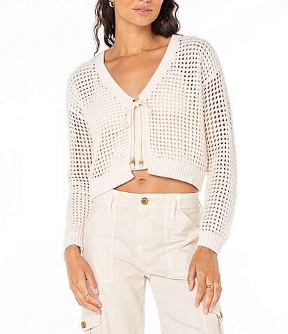 Roxy Ivy Long Sleeve Tie-Closure Flyaway-Front Crocheted Cropped Cardigan