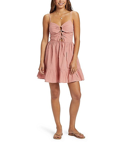 Roxy Jasmine Breeze Front Lace Up Cut-Out Detail Smocked Back Ruffle Fit-And-Flare Dress