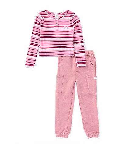 Roxy Little Girls 2T-6X Long-Sleeve Horizontal-Striped Henley T-Shirt & Solid Cargo Jogger Pant Set