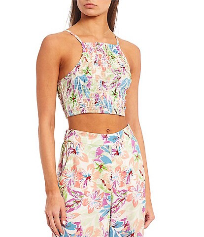 Roxy Live Free Coordinating Multi Floral Print Smocked Crop Top