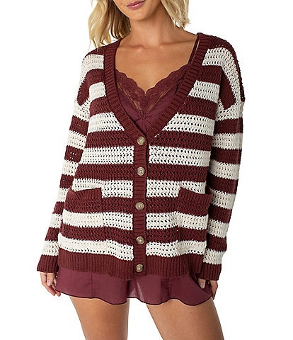 Roxy Long Sleeve Stripe V-Neck Button Tamarindo Cardigan