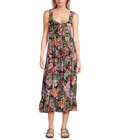 Roxy Paradise Winds Sleeveless Tropical Floral Printed A-Line Dress