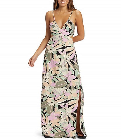 Roxy Riviera Nights Tropical Print Tie Back Side Slit Maxi Dress