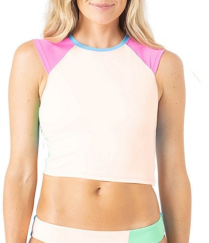 Roxy Surf City Color Block Crew Neck Crop Rashguard Swim Top