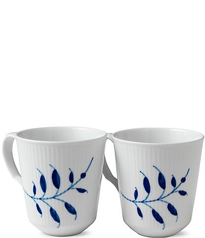 Royal Copenhagen Blue Fluted Floral Pattern Porcelain Mega 12.25-oz Mugs, Set of 2