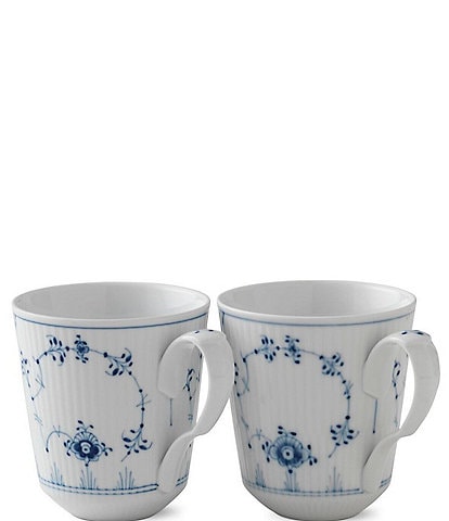 Royal Copenhagen Blue Fluted Floral Pattern Porcelain Plain Mugs, Set of 2