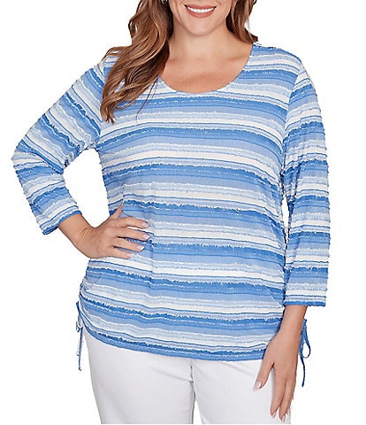 Ruby Rd .Plus Size Yarn-Dyed Eyelash Stripe Scoop Neck 3/4 Sleeve Adjustable Side Ties Top