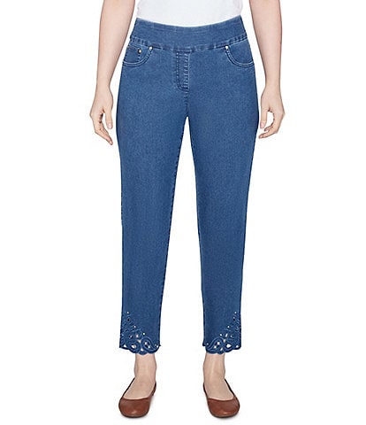 Ruby Rd Petite Size Straight Leg Embroidered Scalloped Eyelet Hem Denim Pull-On Jeans