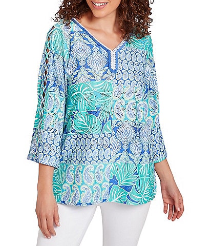 Ruby Rd. Allover Eyelet Printed Scalloped Lace V-Neck 3/4 Criss-Cross Sleeve Top