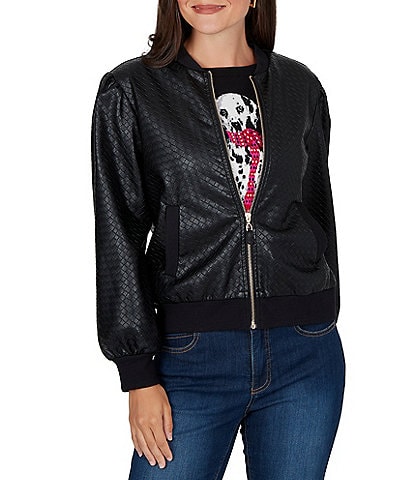 Ruby Rd. Basketweave Faux Leather Band Collar Long Sleeve Zip Front Bomber Jacket
