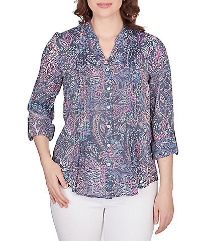 Ruby Rd. Batik Floral Print Woven Band Notch Neck Roll-Tab Sleeve Pleat Front Button Dow Top
