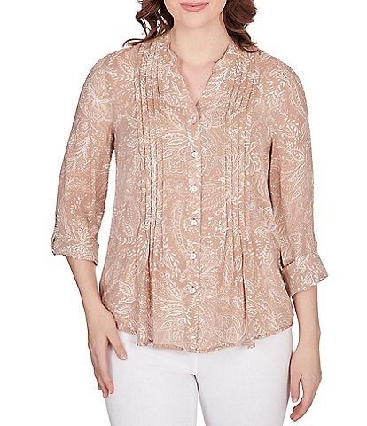 Ruby Rd. Batik Floral Print Woven Banded Collar Roll-Tab Sleeve Pleat Front Button Down Top