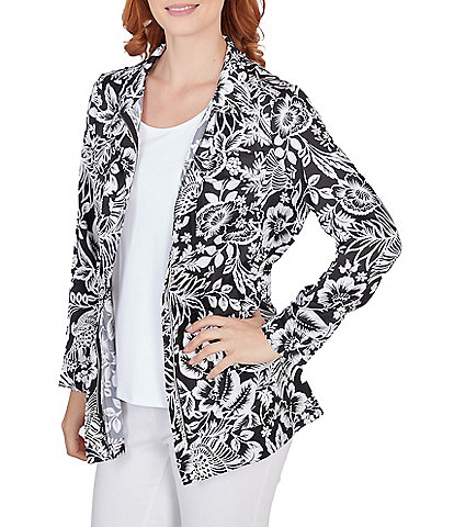 Ruby Rd. Black & White Tropical Print Point Collar Snap Zip Front Jacket