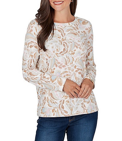 Ruby Rd. Brushed Knit Painterly Flourishes Round Neck Long Sleeve Top