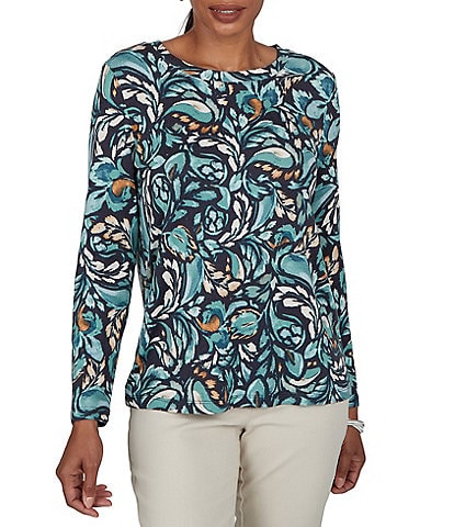 Ruby Rd. Brushed Knit Painterly Flourishes Round Neck Long Sleeve Top