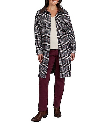 Ruby Rd. Basket Weave Brushed Plaid Faux Leather Collar Long Sleeve Button Front Jacket