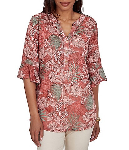 Ruby Rd. Burnout Jersey Tropical Floral Henley Collar Elbow Length Flutter Sleeve Top
