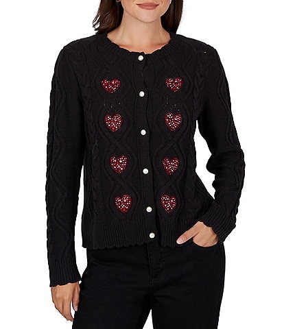 Ruby Rd. Cable Knit Crystal Heart Scalloped Crew Neck Long Sleeve Button Front Cardigan