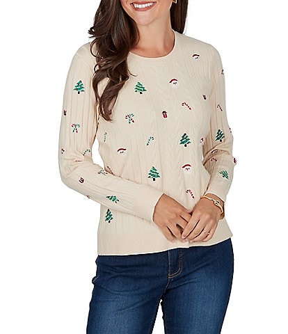Ruby Rd. Cable Knit Embroidered Christmas Motif Crew Neck Long Sleeve Sweater