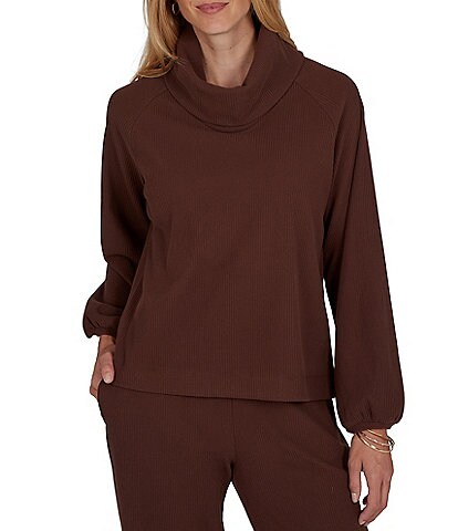 Ruby Rd. Coordinating Premium Ribbed Knit Cowl Neck Long Bubble Sleeve Top