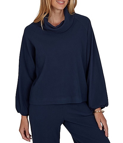 Ruby Rd. Coordinating Premium Ribbed Knit Cowl Neck Long Bubble Sleeve Top