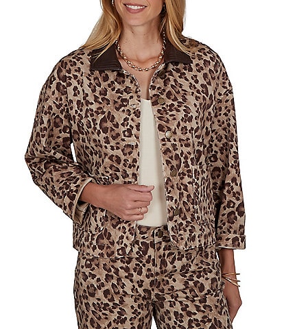Ruby Rd. Coordinating Stretch Denim Cheetah Print Faux Leather Denim Jacket