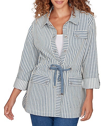 Ruby Rd. Cotton Blend Stripe Point Collar Long-Roll Tab Sleeve Anorak Jacket
