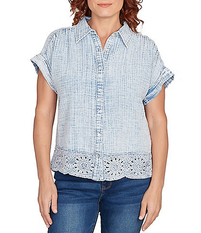 Ruby Rd. Cotton Gauze Crochet Point Collar Short Rolled Cuff Sleeve Shirt