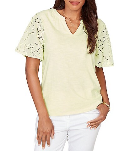 Ruby Rd. Cotton Jersey Knit Split V-Neck Short Eyelet Sleeve Top