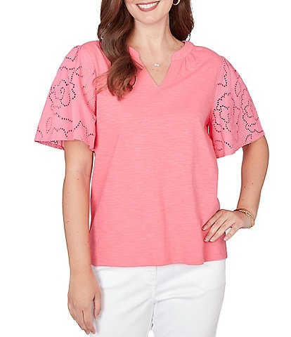 Ruby Rd. Cotton Jersey Knit Split V-Neck Short Eyelet Sleeve Top