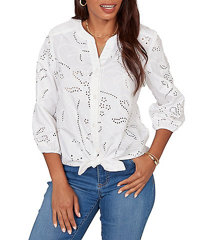 Ruby Rd. Cotton Poplin Allover Eyelet Button-Front Tie Hem Blouse