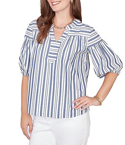 Ruby Rd. Cotton Poplin Spliced Stripe Split V-Neck Elbow Sleeve Top