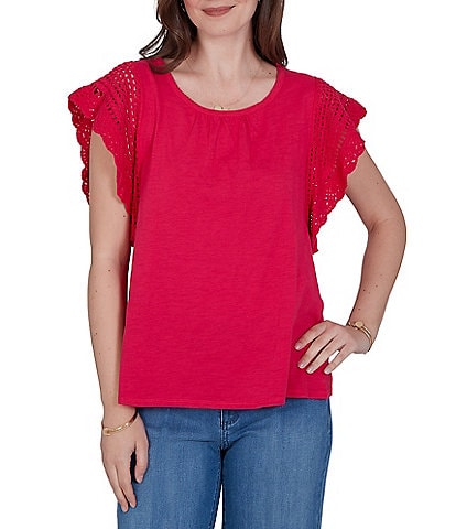 Ruby Rd. Cotton Slub Jersey Knit Solid Scoop Neck Crochet Trim Sleeve Top