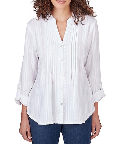 Ruby Rd. Cotton Split V-Neck Long Roll-Tab Sleeve Button-Front Dobby Blouse