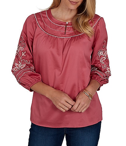 Ruby Rd. Cotton Voile Embroidered Round Neck 3/4 Sleeve Top