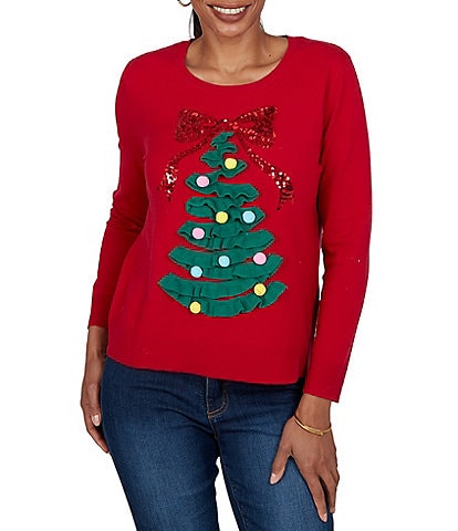 Ruby Rd. Cozy Knit Christmas Tree Pom-Pom Ornament Crew Neck Long Sleeve Top