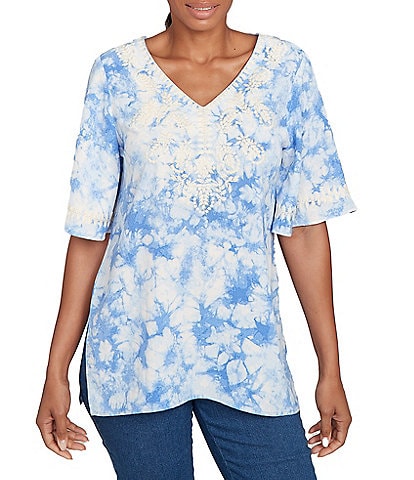 Ruby Rd. Crepe Gauze Embroidered Tie-Dye V-Neck Elbow Sleeve Top
