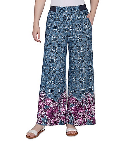 Ruby Rd. Crepe Knit Floral Border Print Wide-Leg Pull-On Pants