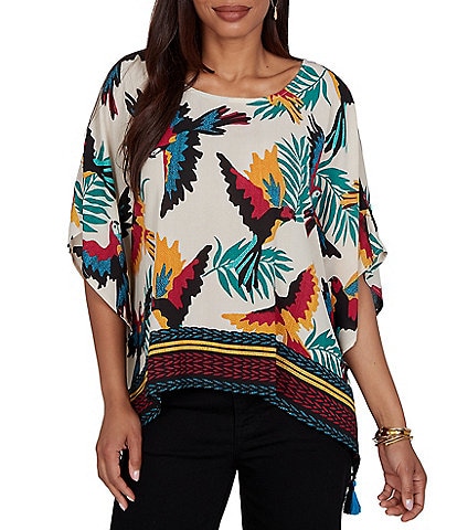Ruby Rd. Crepe Paradise Bird Scoop Neck Short Sleeve Tassel Hem Top