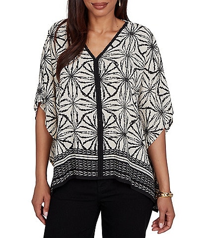Ruby Rd. Crepe Shibori Geometric V-Neck Short Sleeve Contrast Trim Top