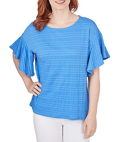 Ruby Rd. Crew Neck Short Flounce Sleeve Decorative Smocked Knit Top