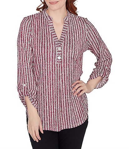 Ruby Rd. Crinkle Knit Band Split V-Neck Roll-Tab Sleeve Two Button Front Placket Tunic