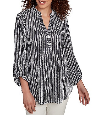 Ruby Rd. Crinkle Knit Stripe V-Neck Long Roll-Tab Sleeve Henley Top