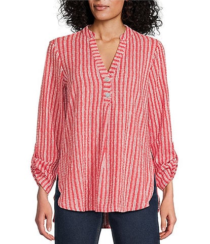 Ruby Rd. Crinkle Knit Stripe V-Neck Long Roll-Tab Sleeve Henley Top