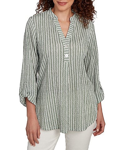 Ruby Rd. Crinkle Knit Stripe V-Neck Long Roll-Tab Sleeve Henley Top